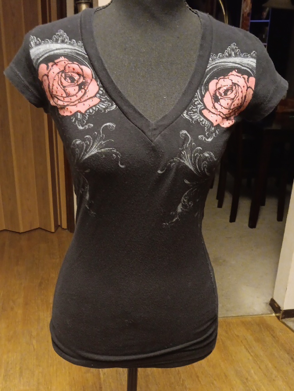 Love Culture Black V-Neck Tee with Pink Rose Shoulder Prints